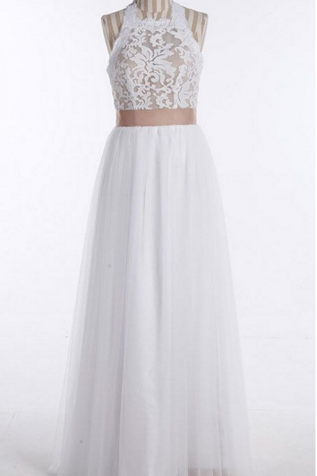 White Halter Floor-length Sleeveless Lace Top Wedding Prom Dress With Champagne Sash