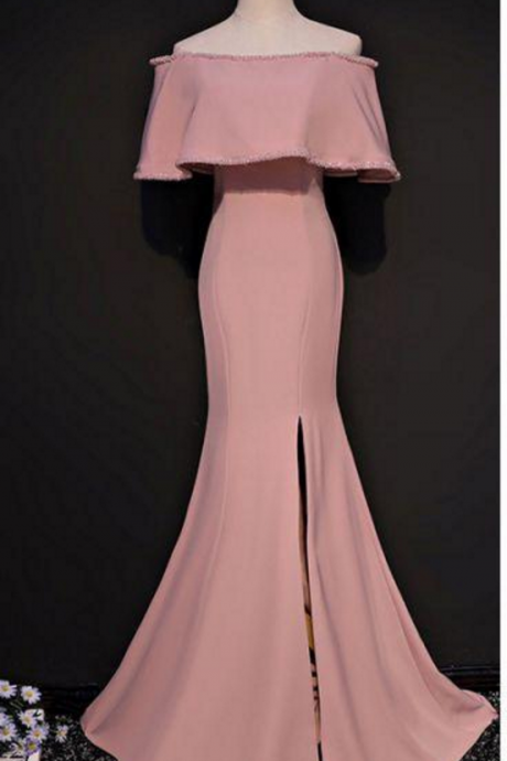 Elegant Trumpet Mermaid Off-the-shoulder Floor Length Pink Prom Dress With Slit