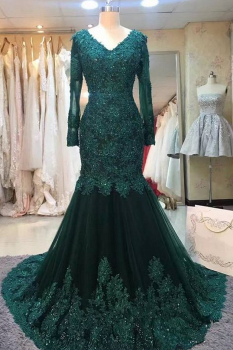 Dark Green Lace Mermaid Prom Dress,long Sleeves Prom Dress,emerald Green Evening Gowns,emerald Green Prom Dress,modest Prom Dress,elegant Prom
