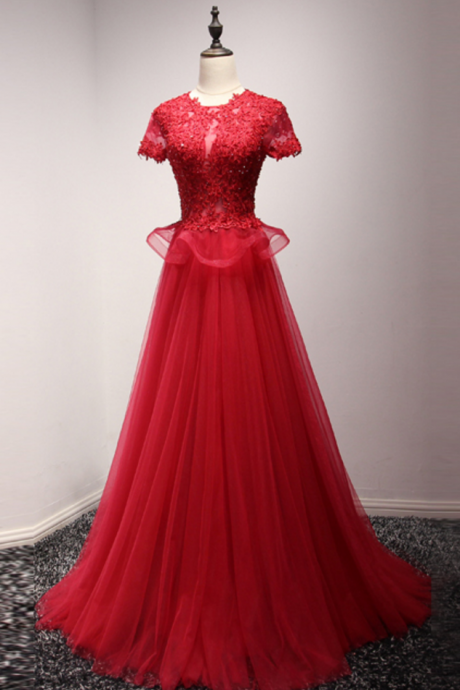 O Neck Red Tulle Long Prom Dress With Appliques, Short Sleeve Formal Evening Dress