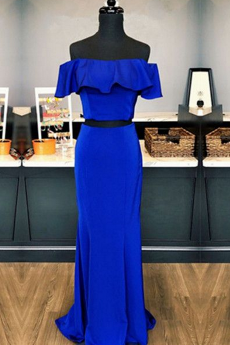 Two Piece Royal Blue Porm Dress, Off SHoulder Long Party Dress, Stain Meimaid Evening Dress