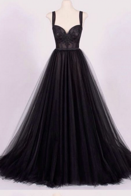 Elegant A-line Sweetheart Prom Dress, Black Tulle Prom Dress, Long See Through Evening Gowns, Lace Appliques Prom Dress