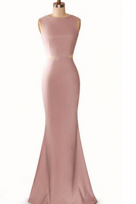 Simple Pink Sleeveless Mermaid Floor-Length Prom Dress, Evening Dress with Cutout Detailing