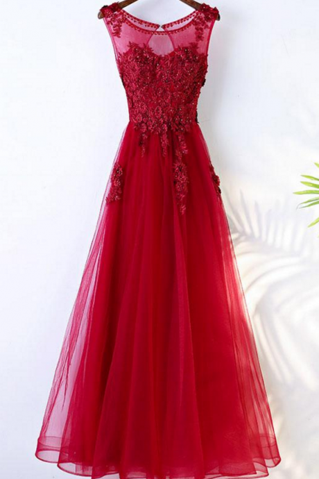 Burgundy Round Neck Tulle Lace Long Prom Dress, Evening Dress