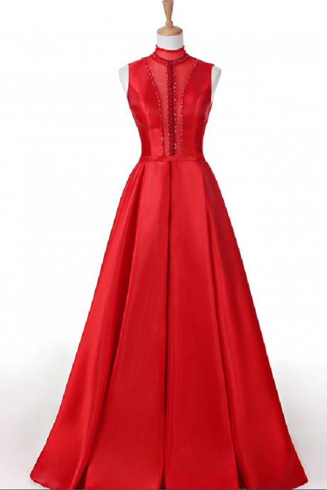Custom Made Red High Neck Sequin Satin Lace-up Open Back A-line Prom Dress