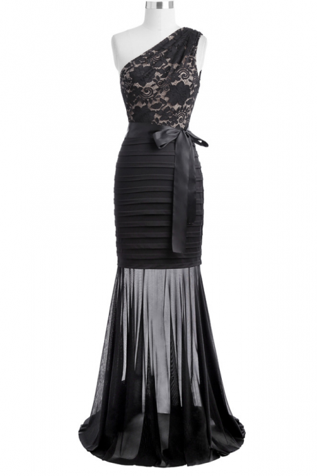 Women Long Evening Dress One Shoulder Black Mermaid Evening Gowns Silhouette Lace Appliques Party Prom Dresses