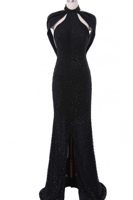 Elegant Black Open Back Chiffon Mermaid Prom Dresses Halter Neck Beading Sequin Off The Shoulder Sleeveless Evening Dress