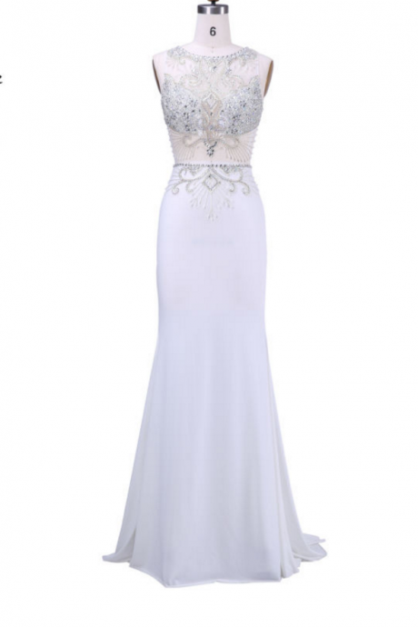 Long Evening Dresses Formal Dresses With Scoop-neck Thank-sleeve Crystal Beading Floor Length Prom Dreesses