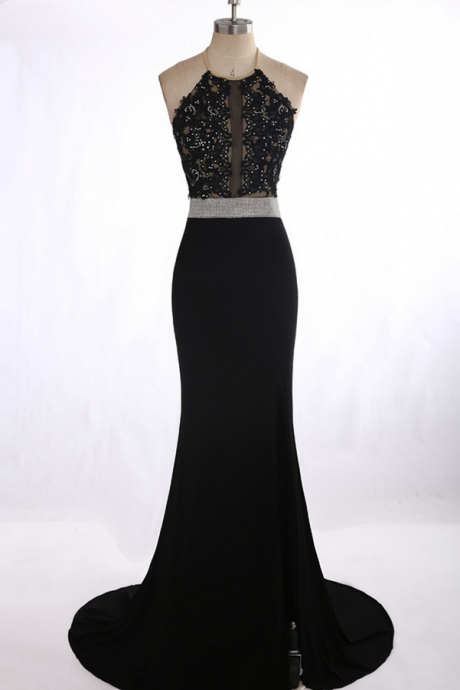 Prom Dress,long Prom Dresses, Vestido Para Formatura Sexy See Through Black Lace Appliques Rhinestone Prom Dress