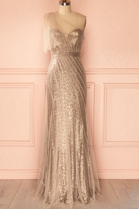 Champagne Sheer One-shoulder Sequined Mermaid Floor-length Prom Dress, Evening Dress