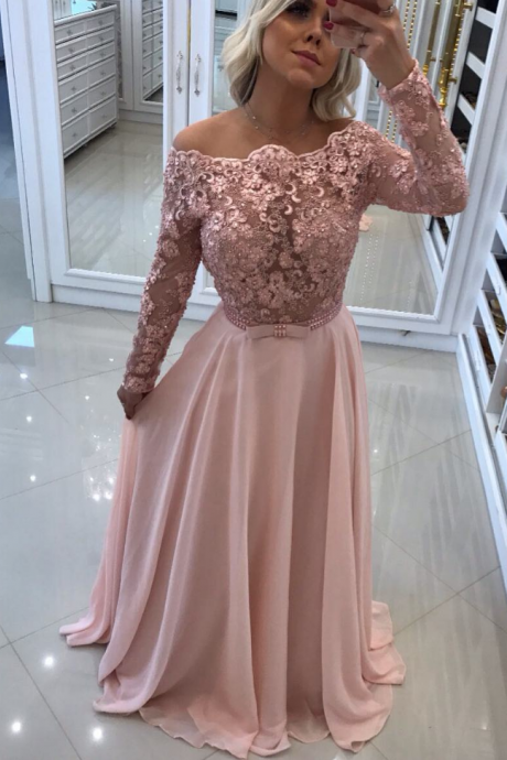 Sheer Corset Off Shoulder Chiffon Prom Dresses With Long Lace Sleeves