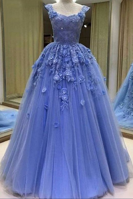 Prom Dresses , Sexy Prom Dress,tulle Ball Gown Prom Dresses, Blue Evening Dress,long Evening Dresses,sleeveless Lace Prom Dresses