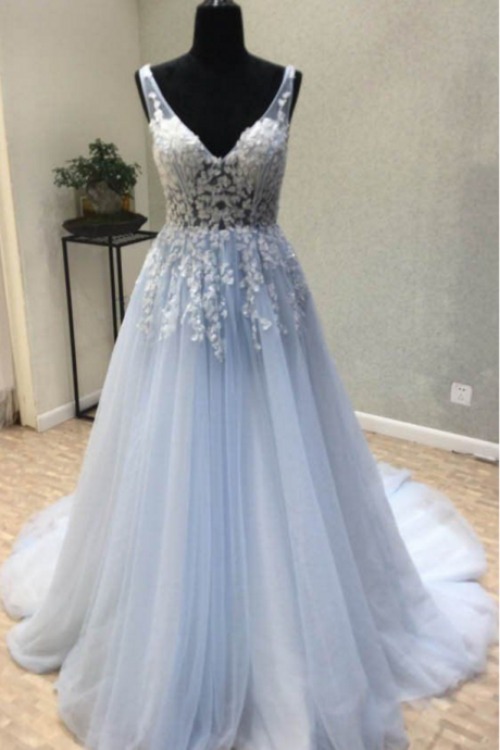 Light Blue V Neck Prom Dress, Applique Tulle Prom Dress, Long A-line Party Dress