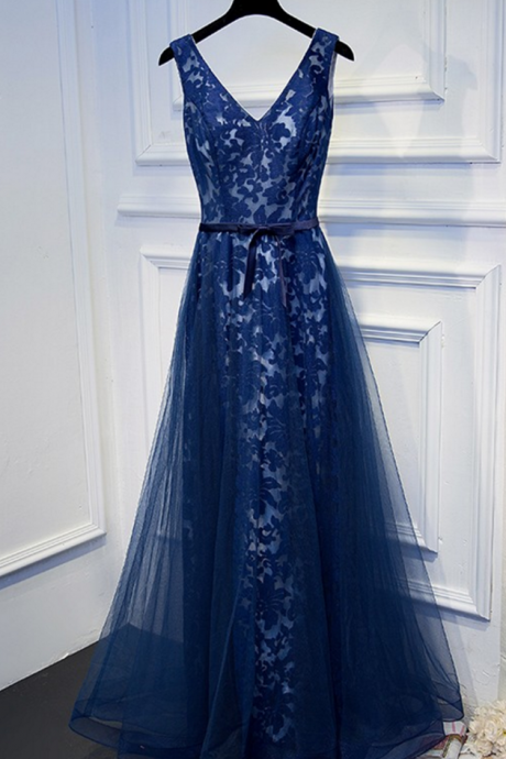 Dark Blue Tulle Lace V-neck Lace Up Dress Prom Dress ,evening Dress