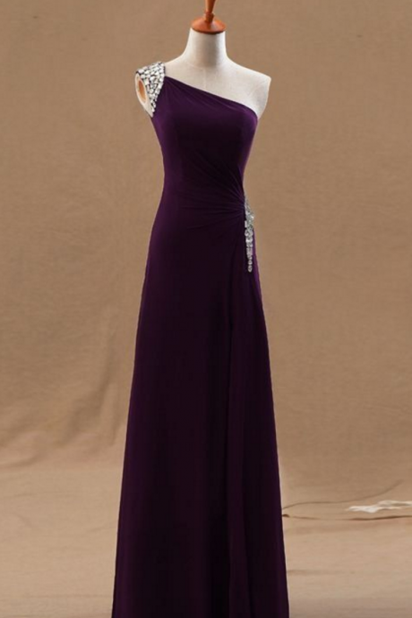 One Shoulder Prom Dress,dark Purple Prom Dress,chiffon Prom Dress, Beaded Prom Dress, Floor Length Prom Dress, Prom Dress, Prom Dresses ,sheath