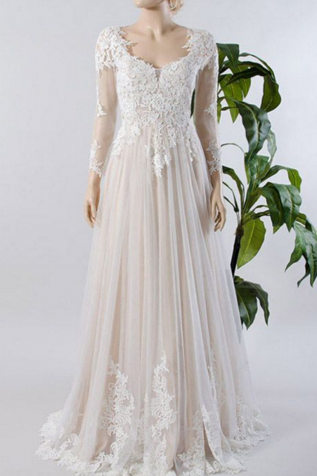 Custom Made Wedding Dresses, A-line Wedding Dresses, V-neck Wedding Dresses, Tulle Lace Bridal Dresses, Long Sleeve Wedding Dresses