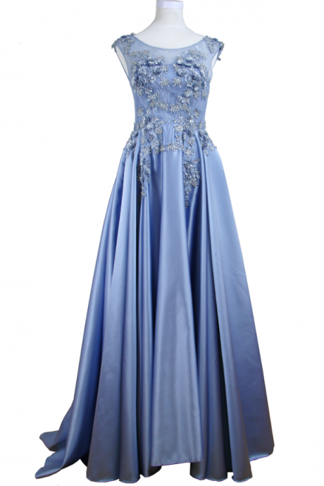 Appliques Lace Flower Blue! Sleeveless Dress Formally Intermittently Using Evening Gown For A Long Time In The Evening Party