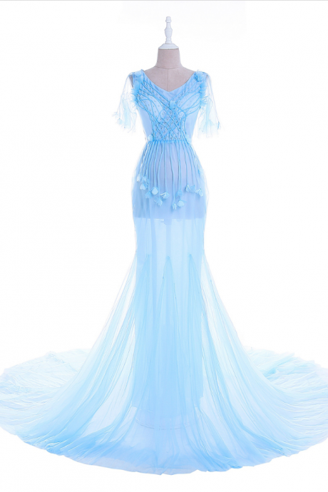 Fishtail ouvelle warm blue lace long slumber party for pregnant women veils mermaid dress formal part photos