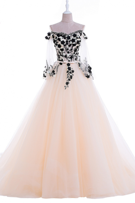 Off The Shoulder Floral Lace Mesh Transparent Sleeves Tulle Long Prom Dress, Formal Evening Dress
