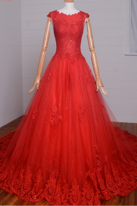 Red Sexy Long Lace Wedding Dress, Evening Dress Sequin Formal Wedding Dress, Evening Dress