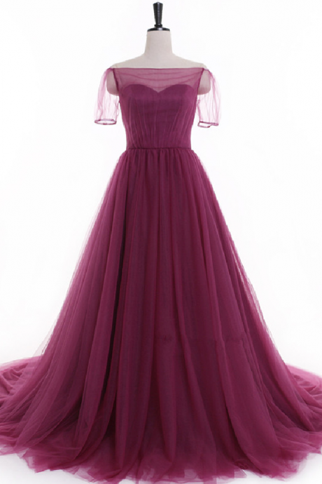 Big Dress Simple Beach Party Dress Long Purple Transparent Sleeve Evening Dress With Short Sleeves