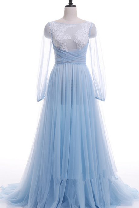 Blue party neck is very low, long sleeve evening dress open formal party dress