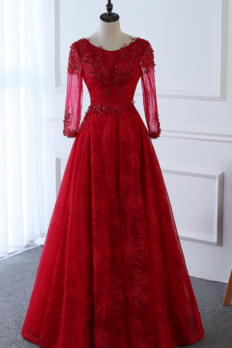 Evening Dress Lace Red Wine Dinner Transparent V-neck Long-sleeved Dress Party Dress