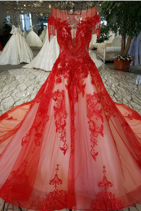 Red Dress Beaded Married Exquisite Luxury Embroidery Beautiful Party Dresses With Short Sleeves Ball Gown