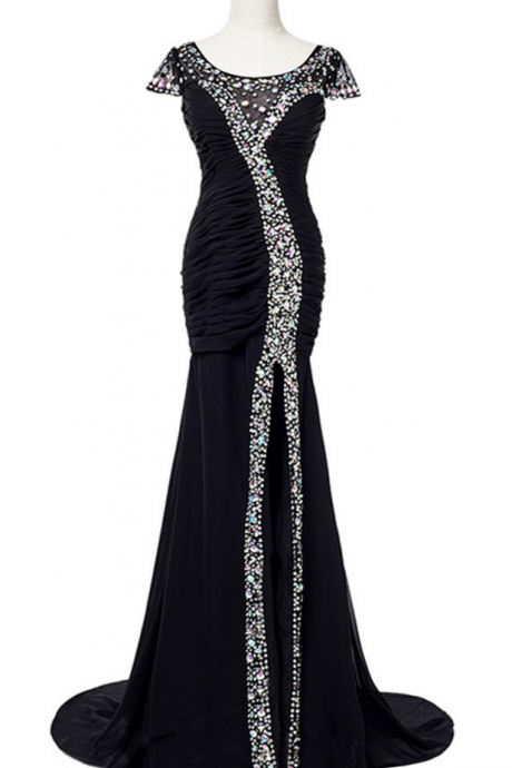 Black Party Dress Silk Crystal Folds As Seam Long Mermaid Open-air Party Dress
