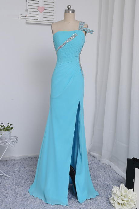 Blue Prom Dresses Mermaid Open Back Beaded Sexy Slit Long Prom Gown Evening Dresses Evening Gown