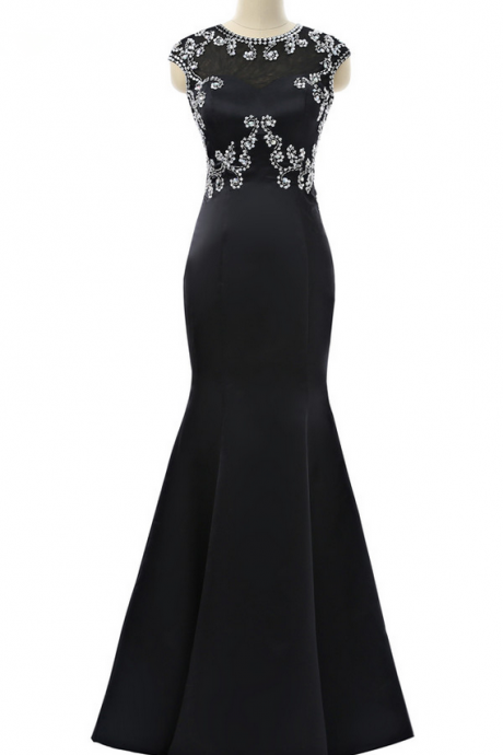 Black Prom Dresses Mermaid Cap Sleeves Open Back Beaded Crystals Sexy Women Long Prom Gown Evening Dresses Robe De Soiree