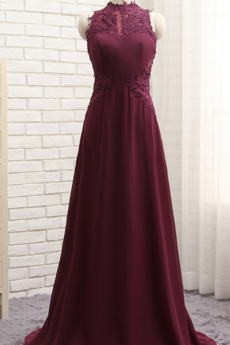 Purple Prom Dresses A-line High Collar Floor Length Chiffon Lace Long Prom Gown Evening Dresses Evening Gown