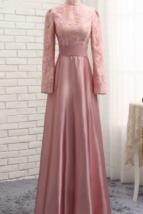 Custom Made Pink A-Line Modest Dress with High Neck Long Sleeve Sequin Satin Long Evening Dress, Prom Dresses, Formal Dress, Wedding Dress