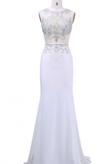 Long Evening Dress Formal Sleeveless White Pearl Sexy Party Dress