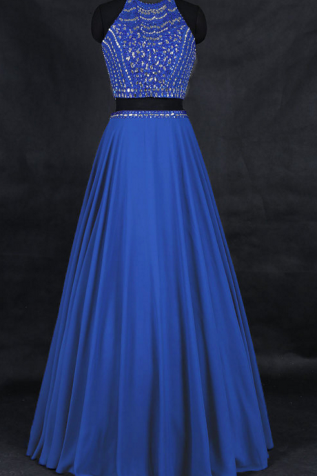Elegant Light Blue Chiffon Beaded Formal Dresses-evening Gowns, Two Piece Prom Dress