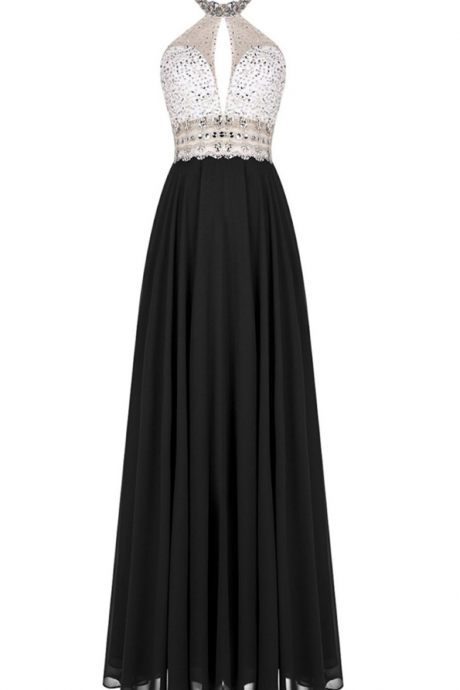 Beaded Embellished High Halter Neck Black Floor Length A-line Formal Dress Featuring Cutout Front And Open Back, Prom Dress