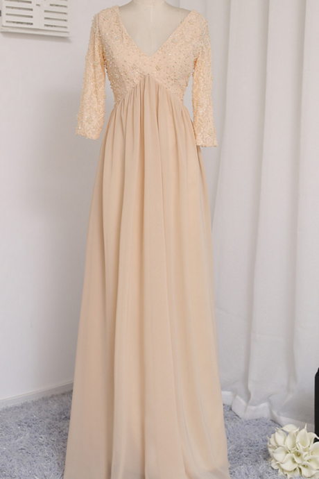 Champagne Evening Dresses A-line Long Sleeves Lace Pearls Backless Long Evening Gown Prom Dress Prom Gow