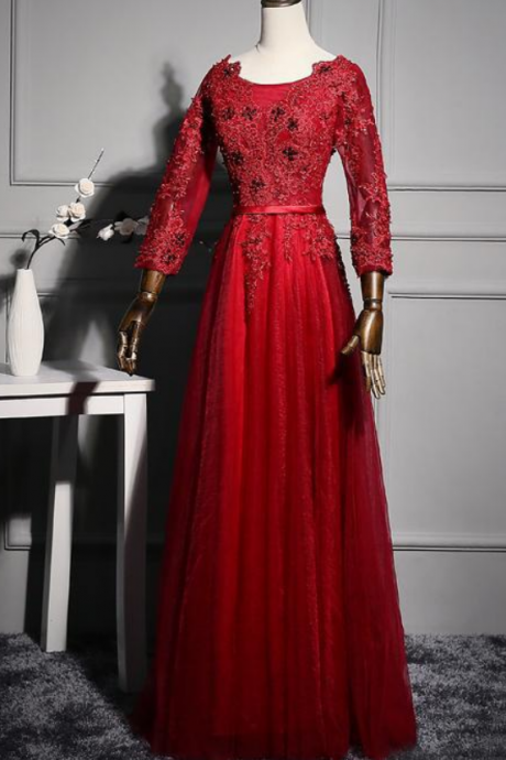 Sexy 3/4 Long Sleeves Beaded Lace Backless Formal Evening Gowns Real Images Floor Length Red Tulle Sequin Sheer Prom Party Dresses