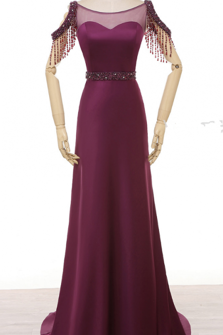 Married A Party Dress Purple Dress Pearl Crystal Neck Satin Evening Gown