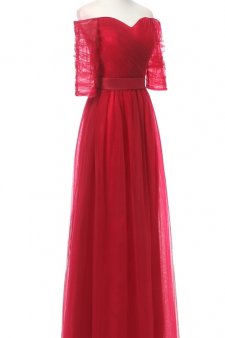 Off-the-shoulder Ruched A-line Floor-length Prom Dress, Evening Dress With Mid-length Sleeves