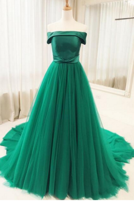 Green Tulle Long Prom Dress,long Evening Dresses, Prom Dress,sweep Train A Line Prom Dresses