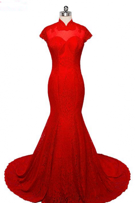 Evening Red Dress Ah Long Mermaid Lace Backless Plancher - Longueur Prom Dress Evening Dress