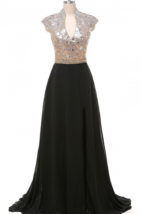 Crystal evening dress Strass deep V neck on the day of the next Line Largos silk evening gown