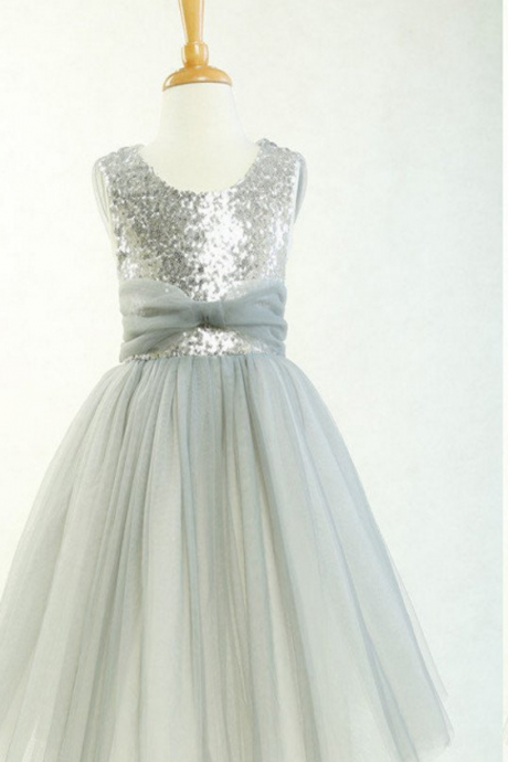 Round Neck Silver Sequin Tulle Pretty Little Girl Dresses For Wedding Party, Flower Girl Dresses,