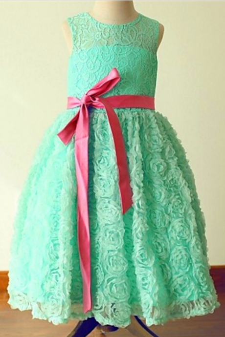 Custom Tea Length Flower Girl Dresses Mint Green Flowers Petals Lace Jewel Flower Girl Dress A Line Bow Sash Girls Formal Party Gowns