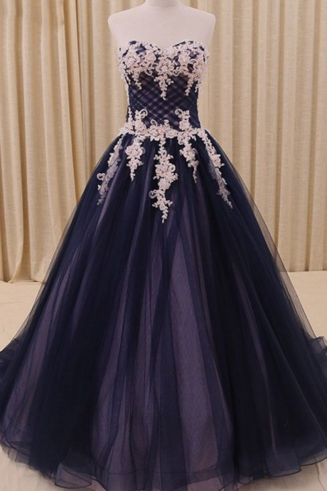 Strapless Ball Gown Prom Dress, Sexy Appliques Tulle Long Formal Evening Dress