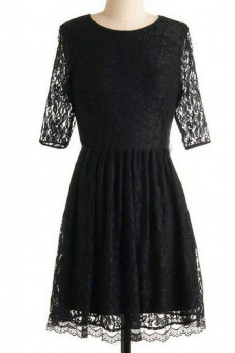 Homecoming Dresses Black Half-sleeve Open Back Lace Above Knee Scoop A Line