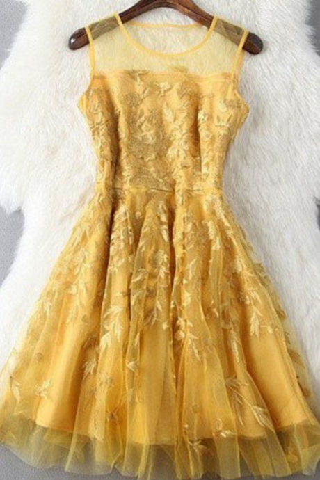 Homecoming Dresses Golden Sleeveless Tulle Zippers Appliqued Above Knee Jewels A Line