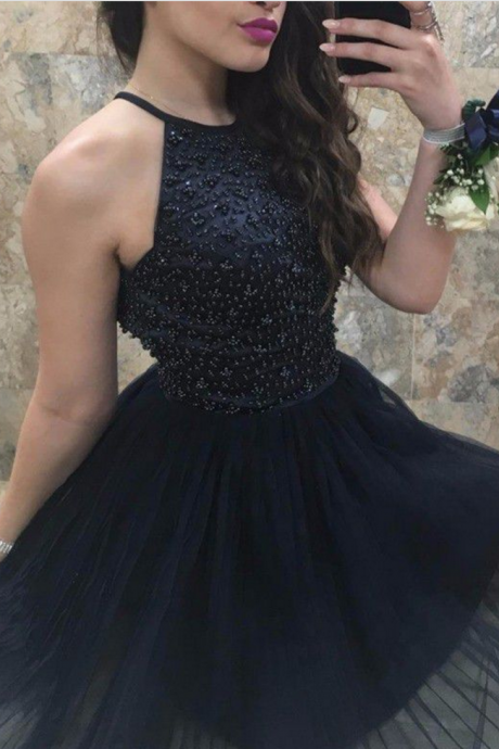 Homecoming Dresses Navy Sleeveless Tulle Zipper-up Beaded Above-knee Haltered A Line