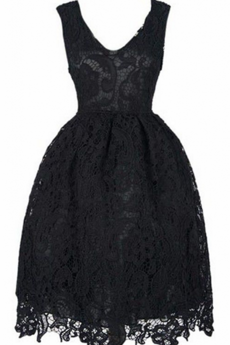 Homecoming Dresses Black Sleeveless Lace/satin Zippers Lace Tea-length V Neck A Lines